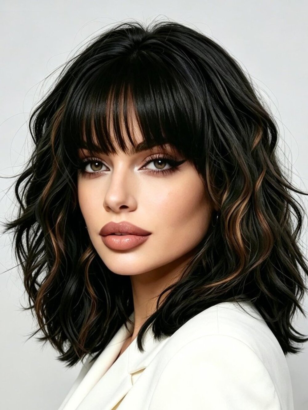 Black Mixed Brown Short Bob Wavy Wig with Bangs for women